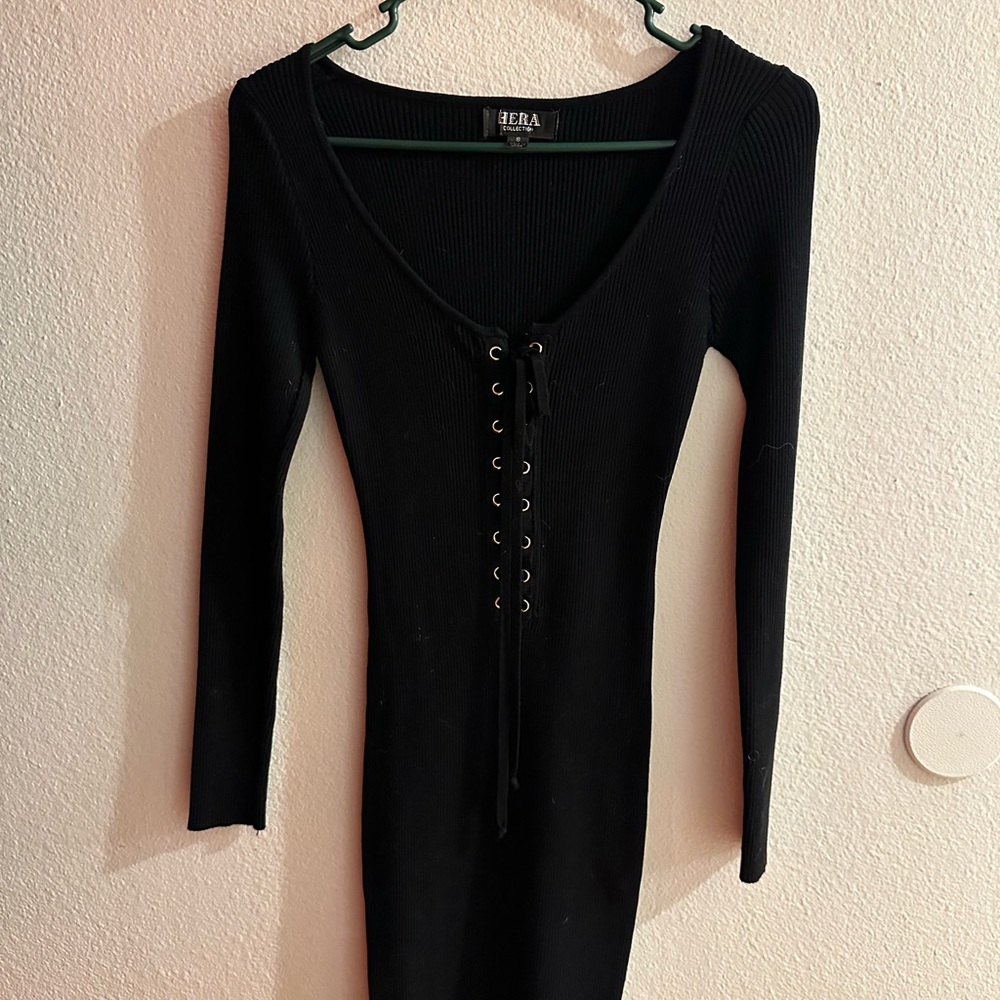 Hera Collection Black Long-Sleeve Lace-Up Ribbed Bodycon Dress